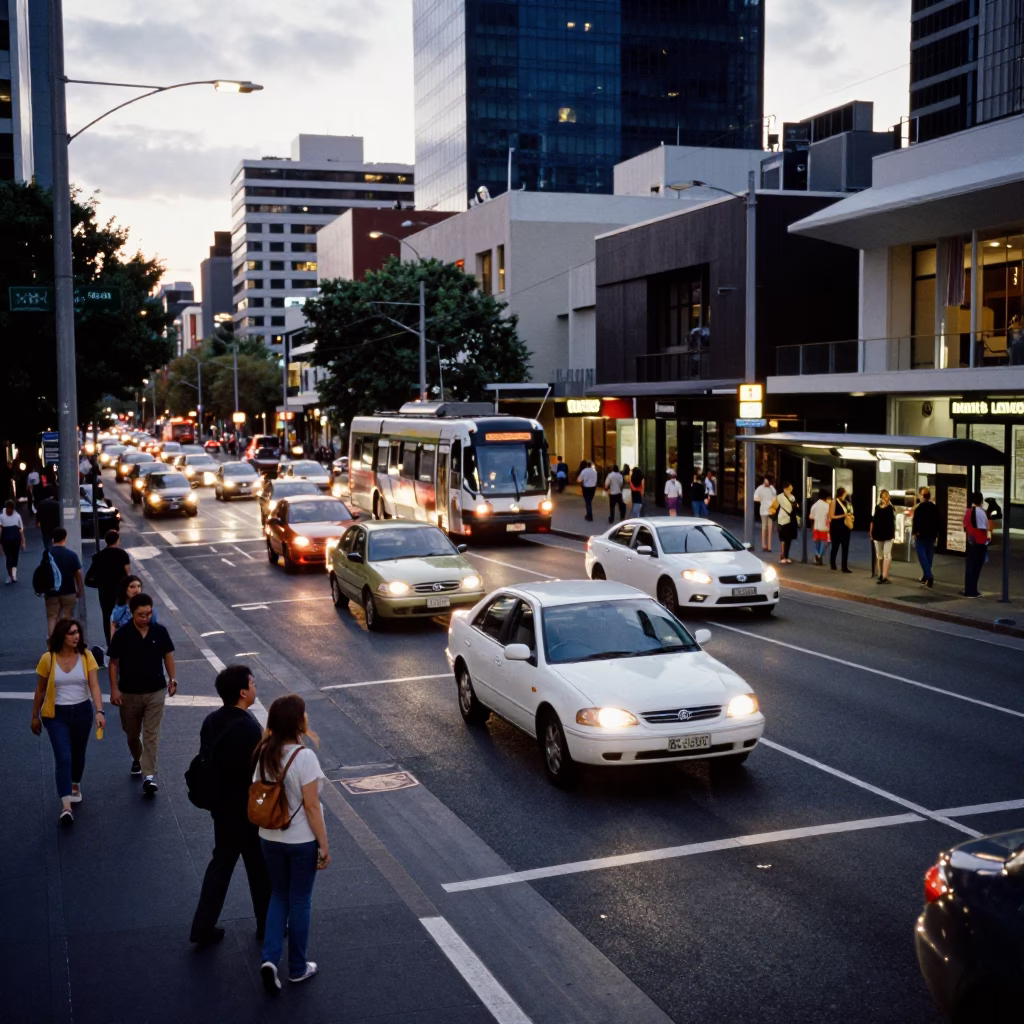 Busy Perth Street Corner Early Evening Traffic and Urban Life in in Perth, Western Australia, Australia