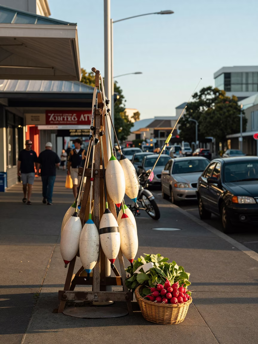 Busy Perth Street Corner Late Morning with Fishing Floats and Radishes Display in in Perth, Western Australia, Australia