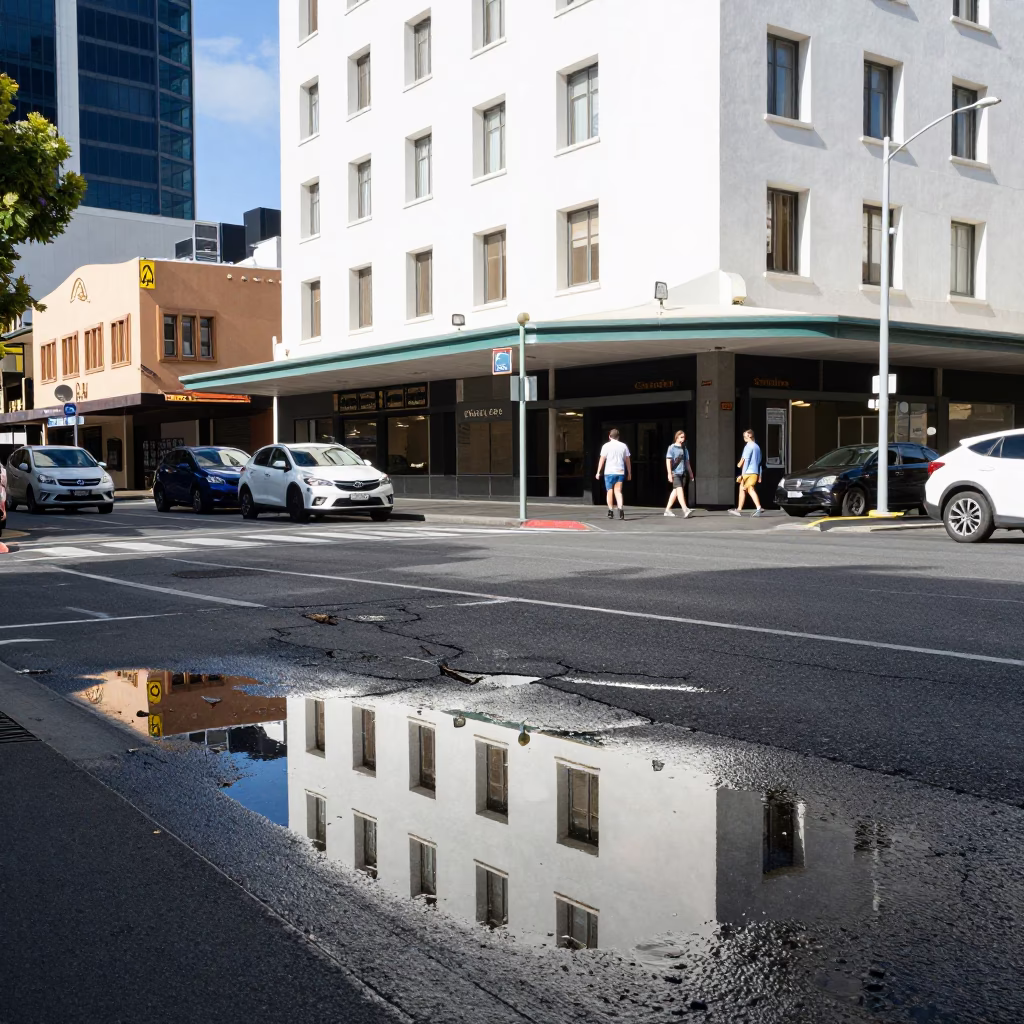 Busy Perth Street Corner Under Flat Noon Glare with Puddle Reflections in in Perth, Western Australia, Australia