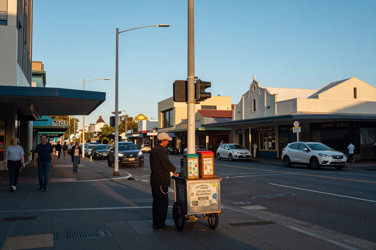 Busy Perth Street Corner with Vintage Tiffin Tin and Mangoes After Sunrise in in Perth, Western Australia, Australia