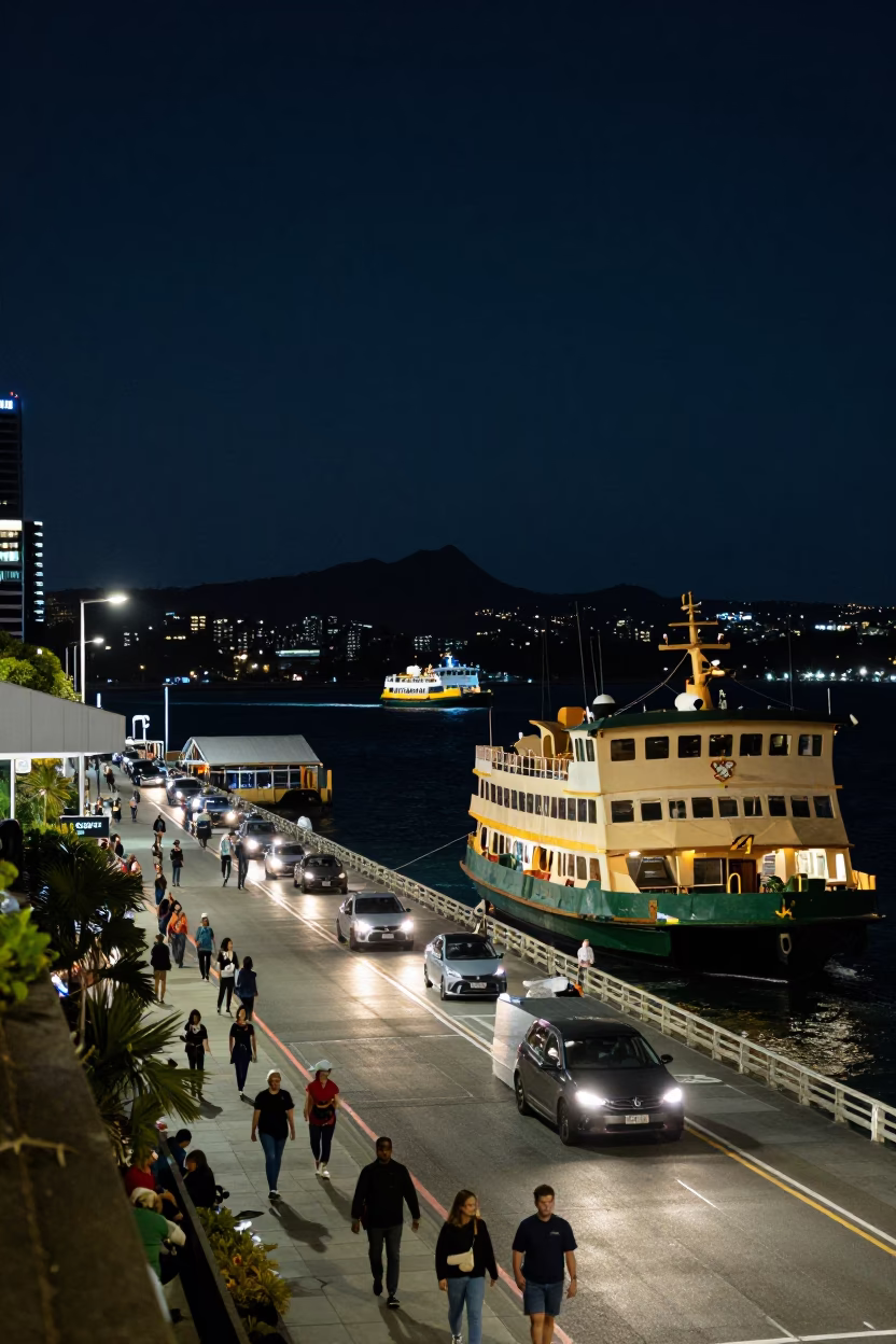 Busy Perth Street Night Scene with Ferry and Urban Skyscrapers in in Perth, Western Australia, Australia