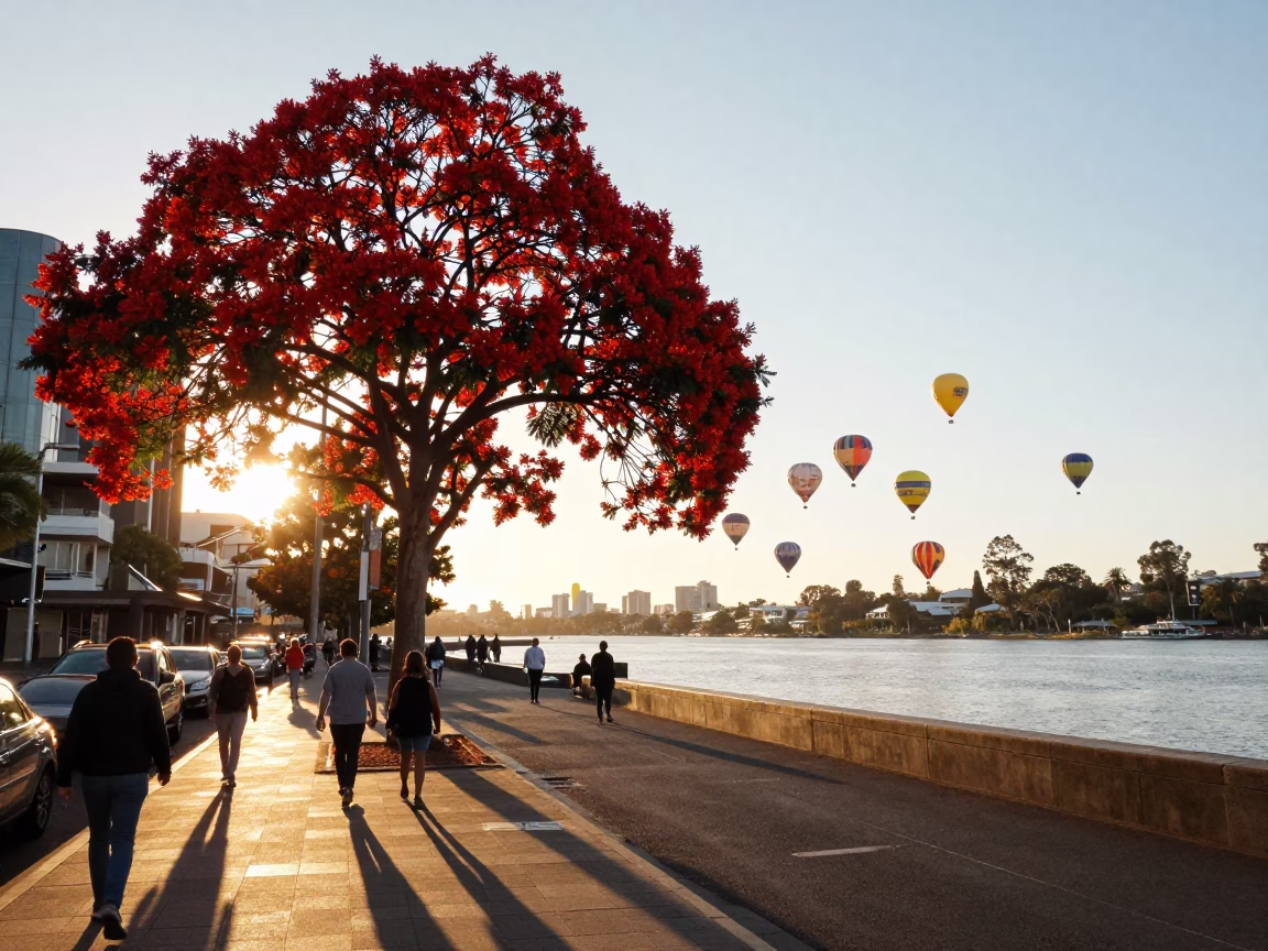 Busy Perth Street Scene After Sunrise with Flame Tree and Hot Air Balloons in in Perth, Western Australia, Australia