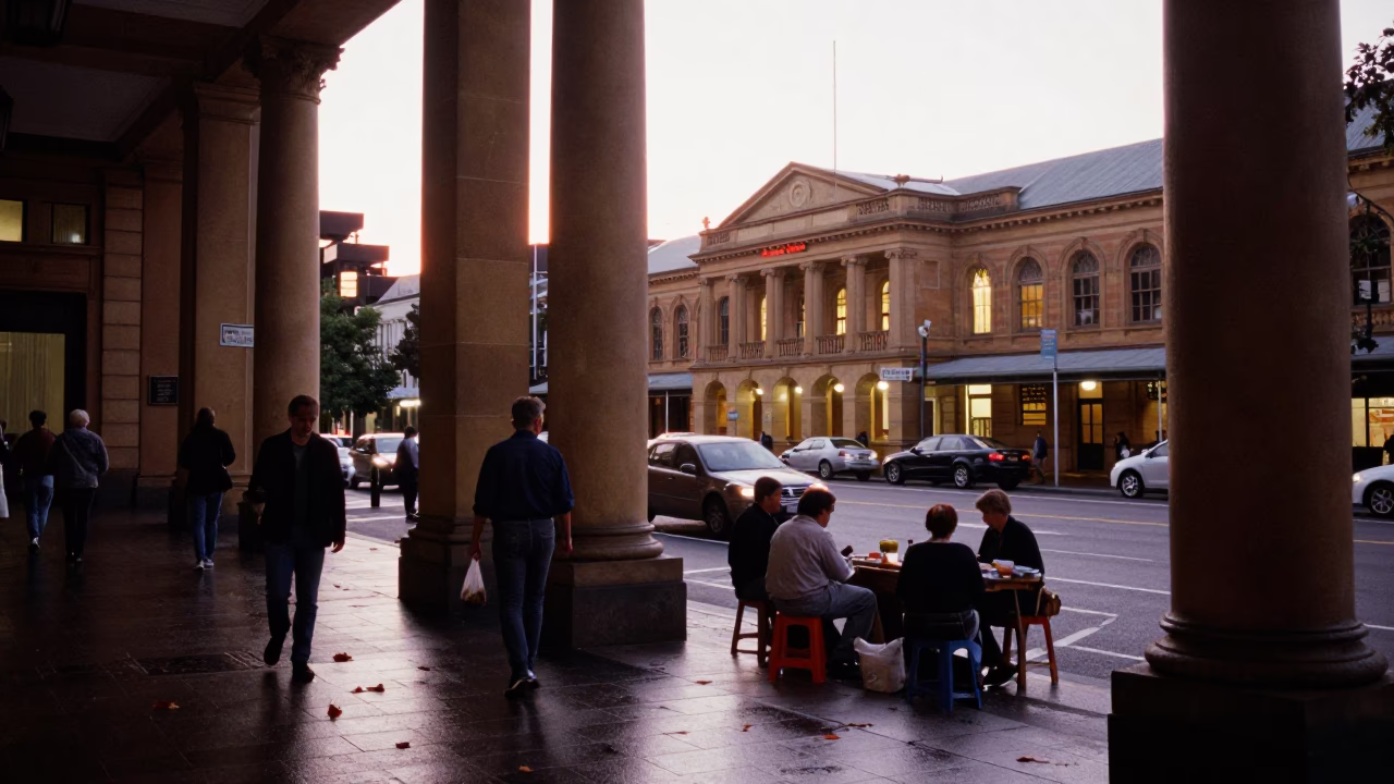 Busy Perth Street Scene at Dawn with University Arcade and Wet Leaves in in Perth, Western Australia, Australia