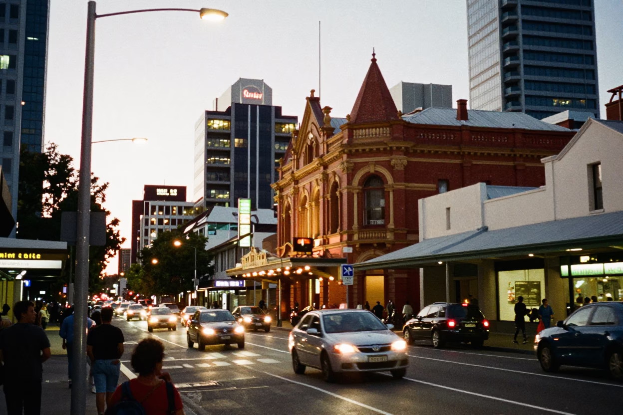 Busy Perth Street Scene at Dusk with City Lights Glowing in Western Australia in in Perth, Western Australia, Australia