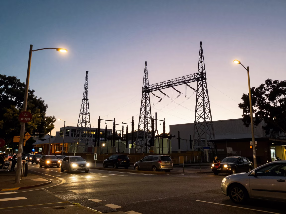 Busy Perth Street Scene at Dusk with Power Substation and Potted Geraniums in in Perth, Western Australia, Australia