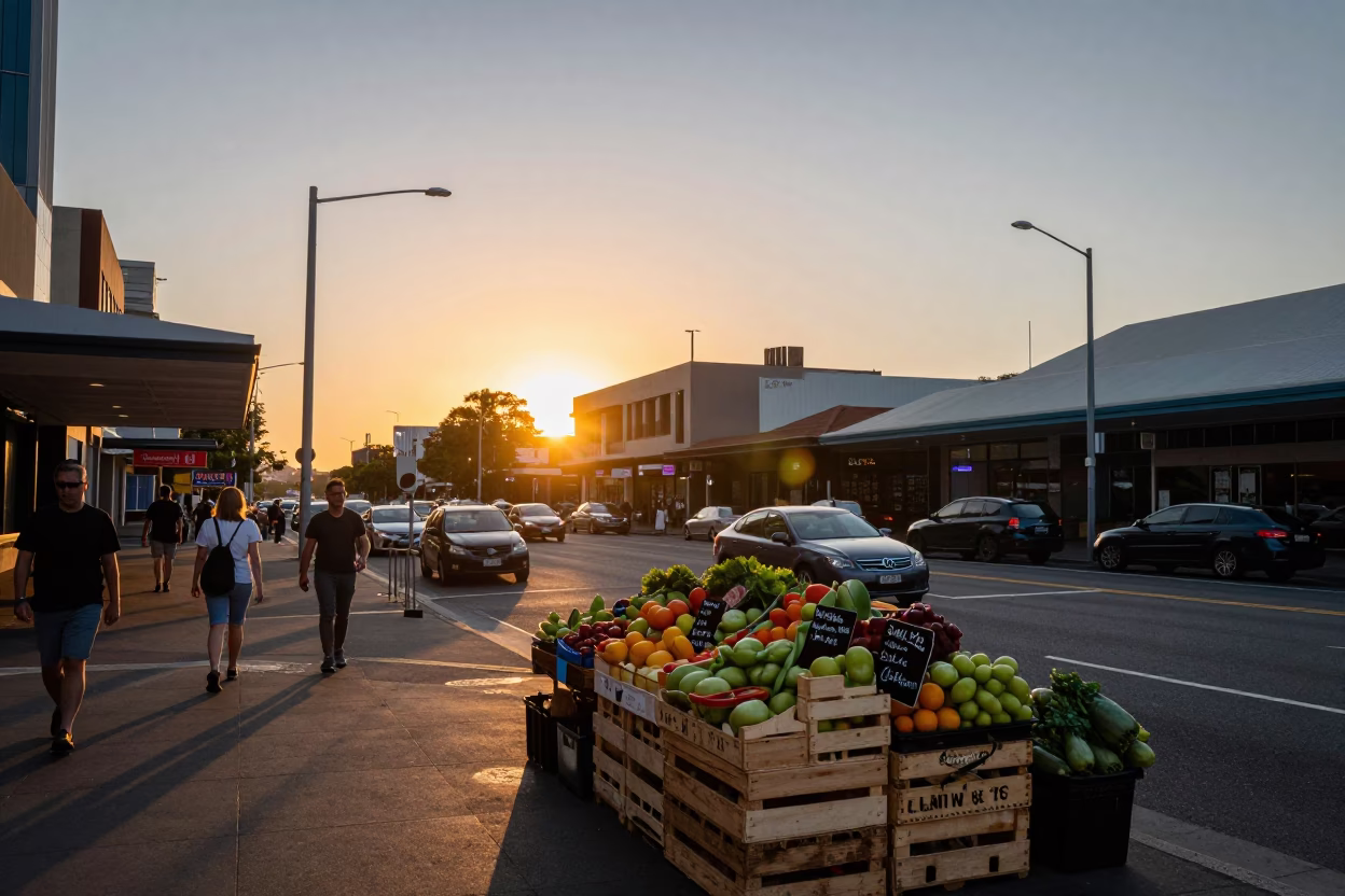 Busy Perth Street Scene at Sunset with Fruit Crate and Local Activity in in Perth, Western Australia, Australia