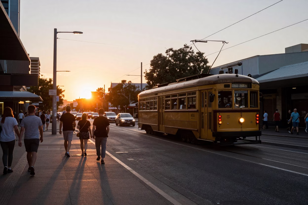 Busy Perth Street Scene at Sunset with Tram and Local Diners in in Perth, Western Australia, Australia