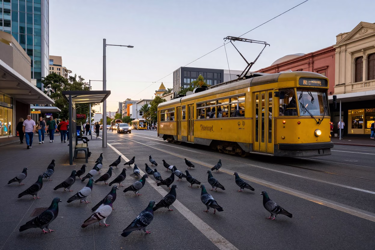 Busy Perth Street Scene Early Evening with Pigeons and Tram on Hill in in Perth, Western Australia, Australia