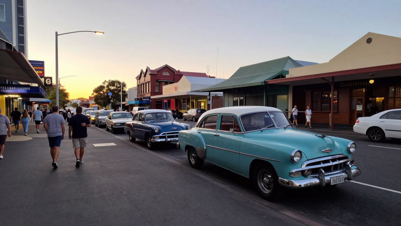 Busy Perth Street Scene Early Evening with Vintage 1950s Automobile and Pedestrians in in Perth, Western Australia, Australia