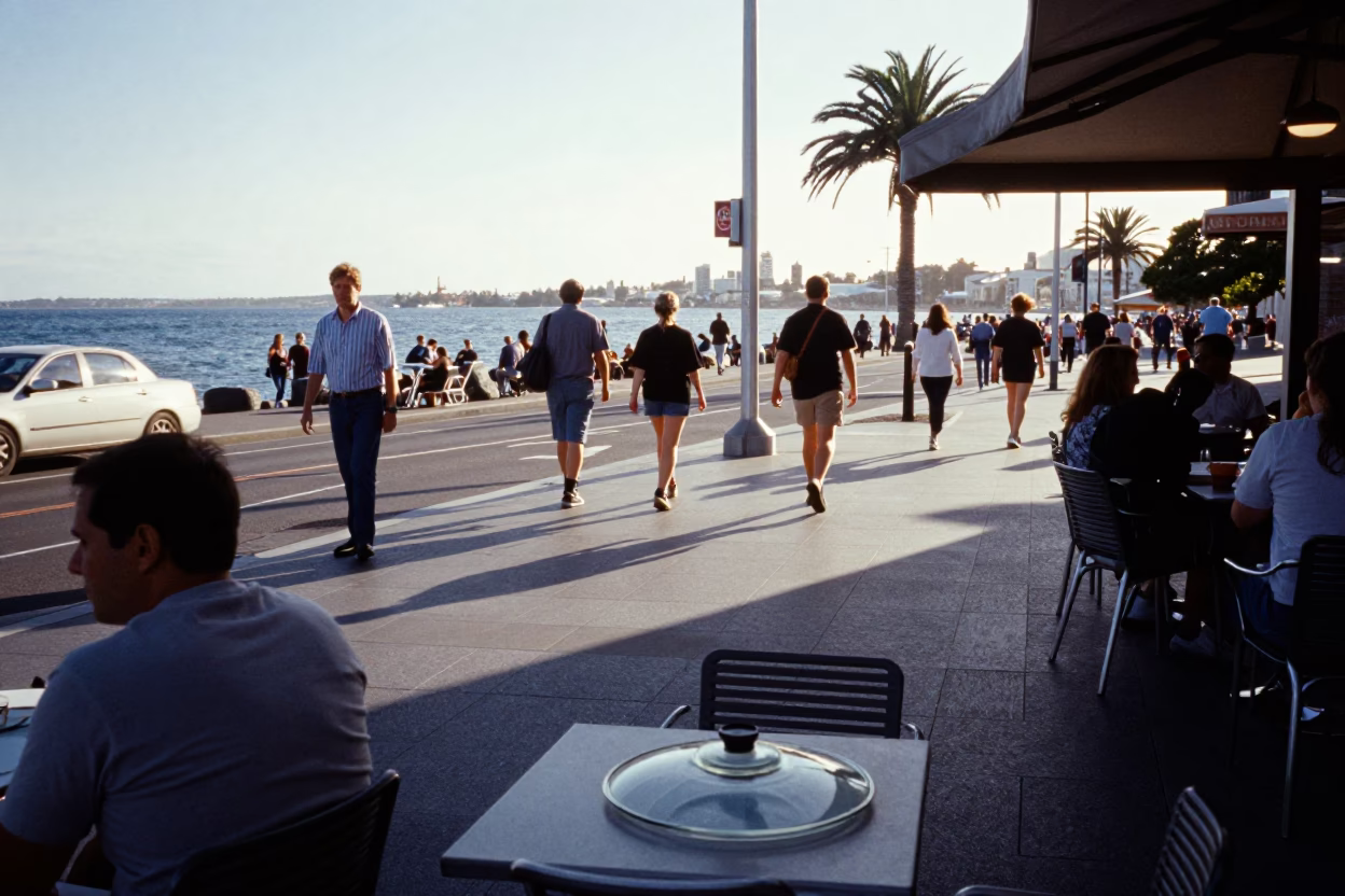 Busy Perth Street Scene Late Morning with Breakwater and Harbor Beacon View in in Perth, Western Australia, Australia