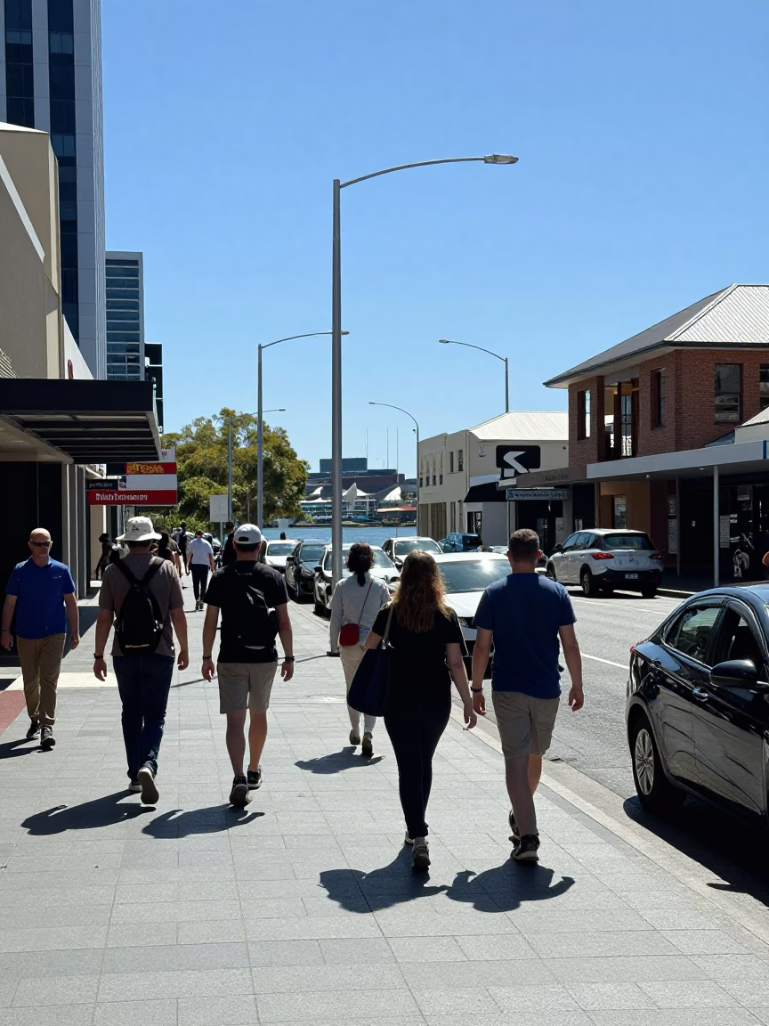 Busy Perth Street Scene Under Flat Noon Sun with Vintage 1960s Atmosphere in in Perth, Western Australia, Australia