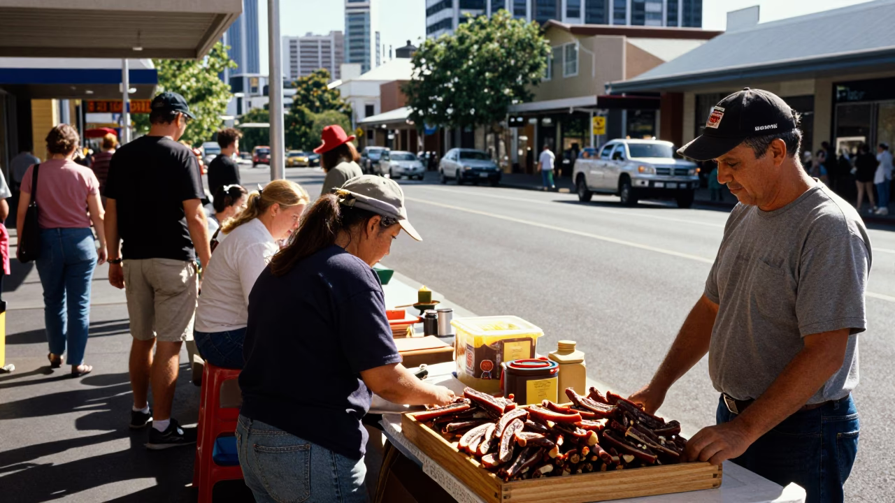 Busy Perth Street Scene with Food Stall and Pedestrians in Early Afternoon Light in in Perth, Western Australia, Australia