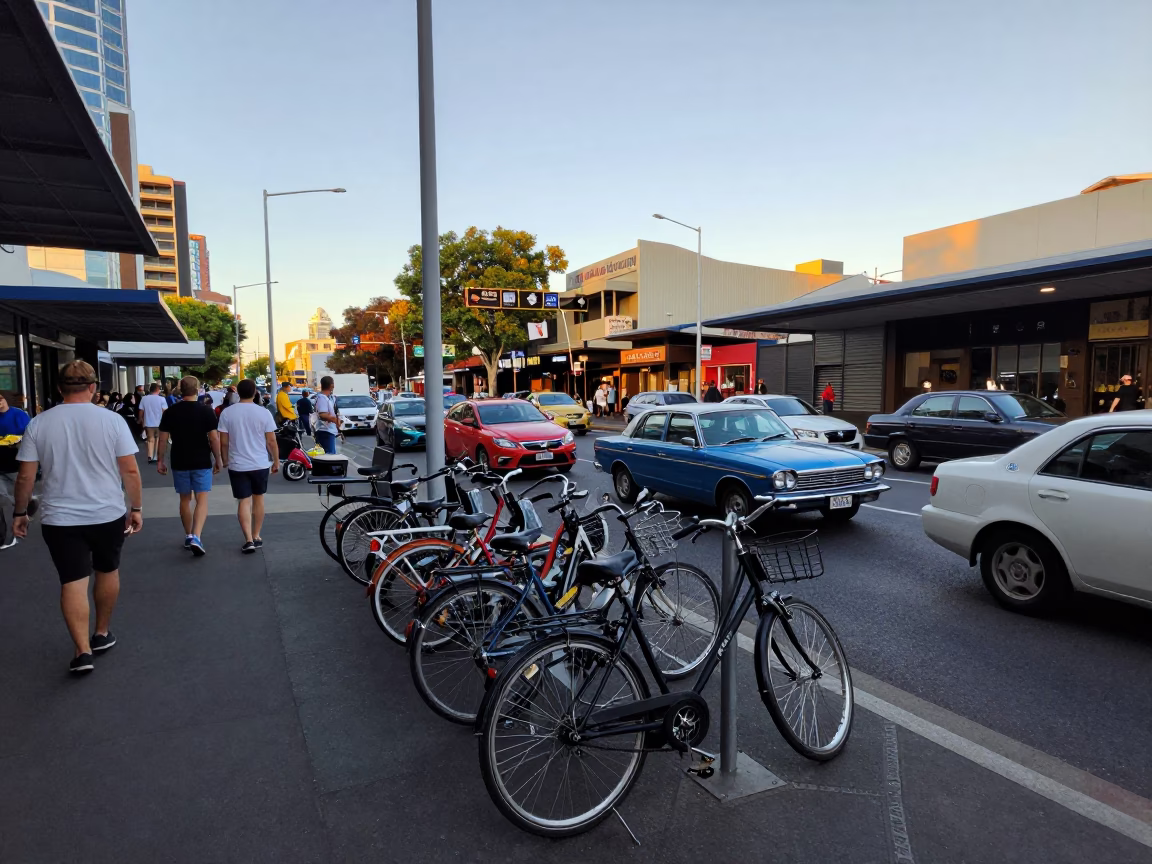 Busy Perth Street Scene with Vintage Cars and Pedestrians in Early Afternoon Sunlight in in Perth, Western Australia, Australia