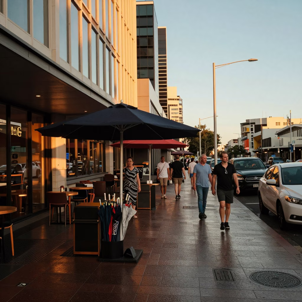 Busy Perth Sunset Street Scene with Umbrella Stand and Local Life in Western Australia in in Perth, Western Australia, Australia