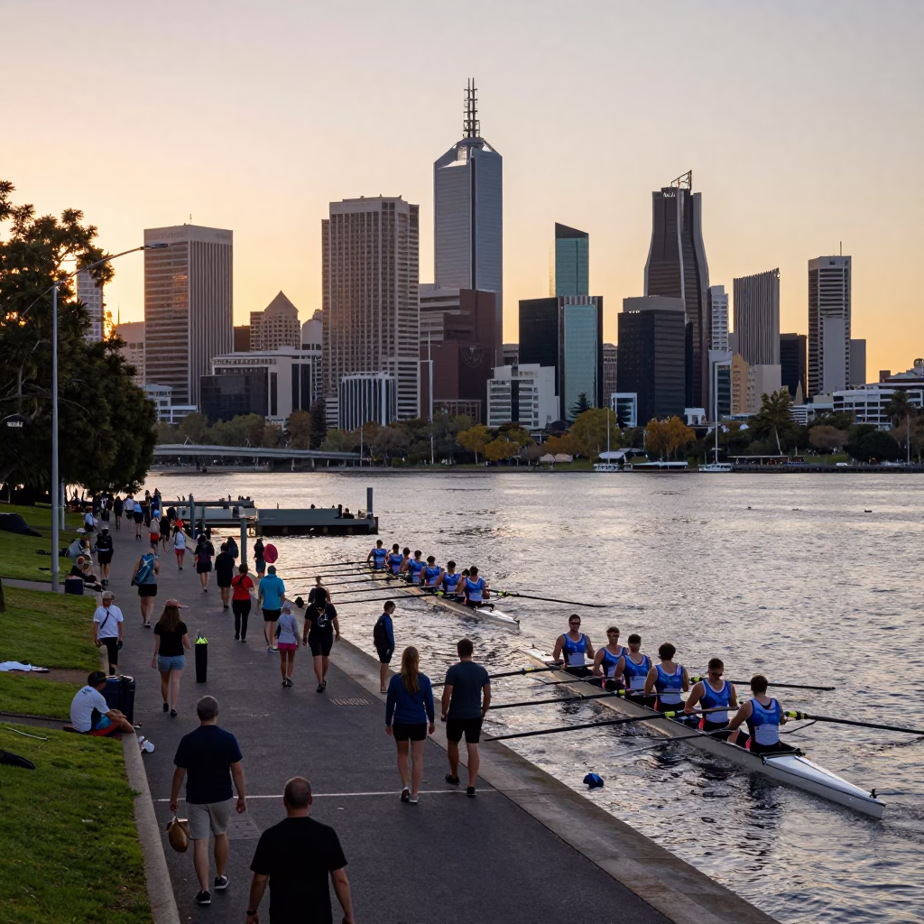 Busy Perth Western Australia dawn street scene with commuters and city skyline in in Perth, Western Australia, Australia
