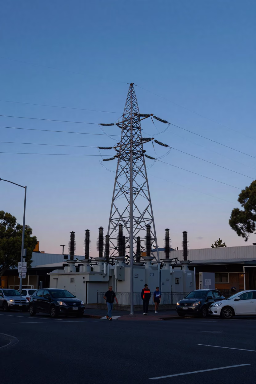 Busy Perth Western Australia Early Morning Street Scene with Power Substation and Urban Life in in Perth, Western Australia, Australia