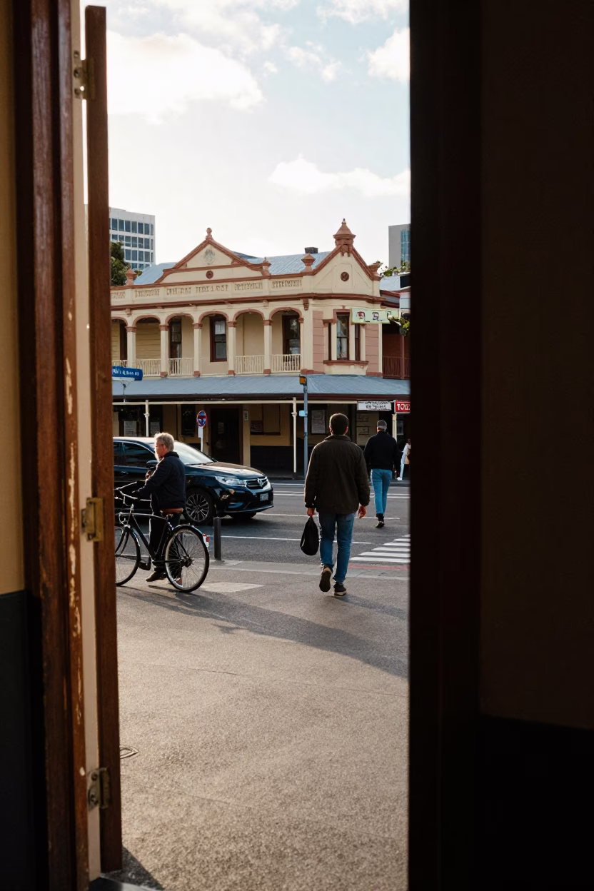 Busy Perth Western Australia Late Morning Street Scene with Doorframe and Local Interaction in in Perth, Western Australia, Australia