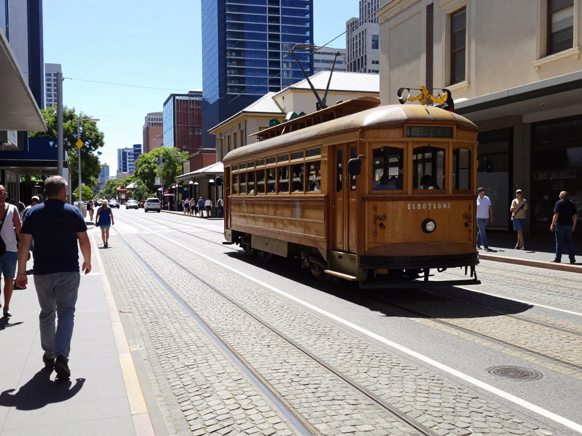 Busy Perth Western Australia Midday Street Scene with Heritage Tram and Cobblestone Avenue in in Perth, Western Australia, Australia