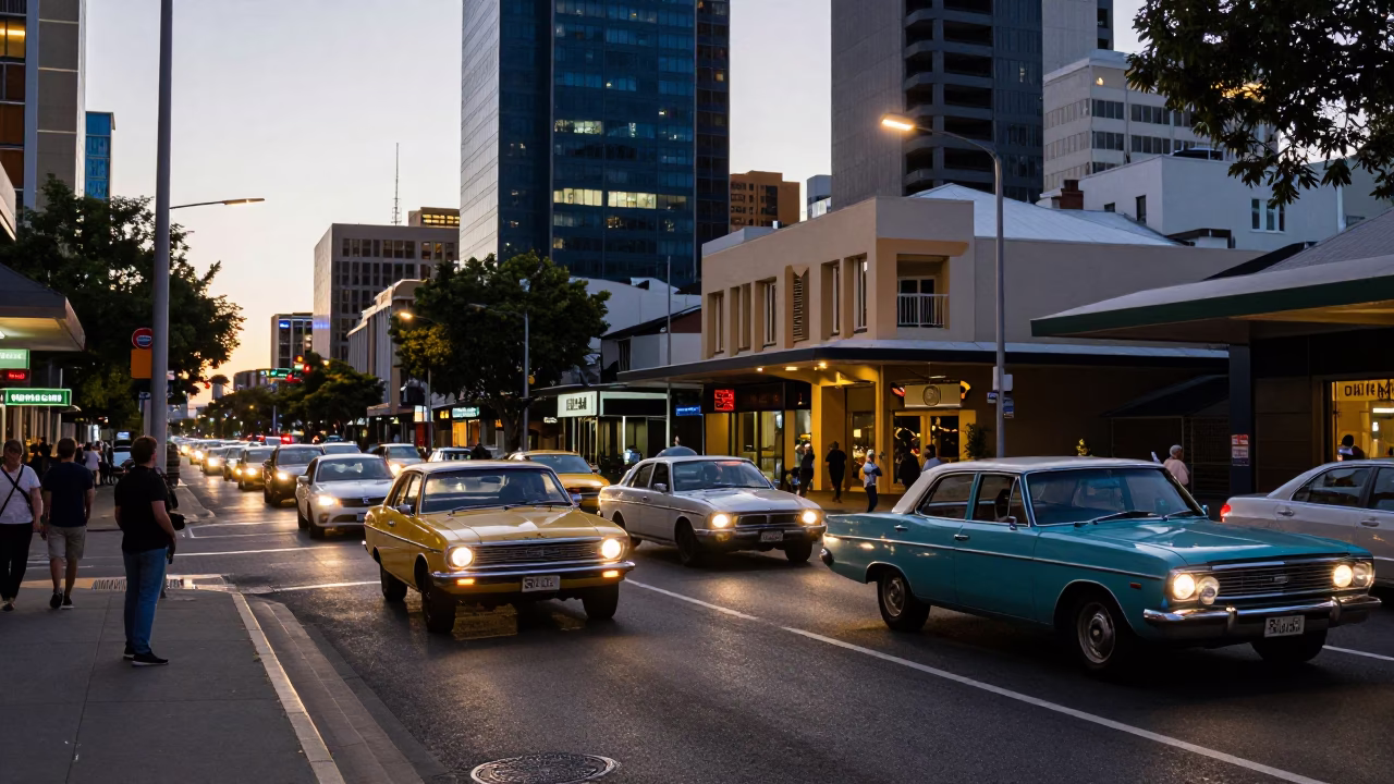 Busy Perth Western Australia Street Scene at Dusk with Vintage Cars and City Lights in in Perth, Western Australia, Australia
