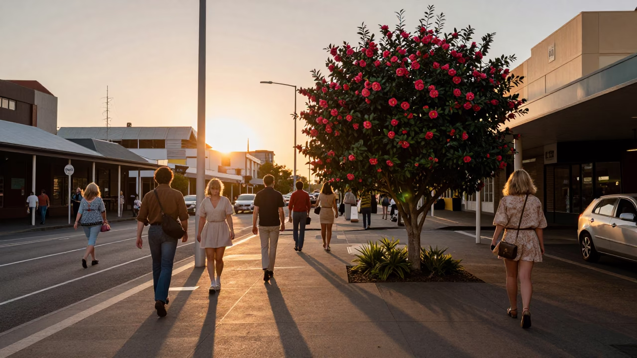 Busy Perth Western Australia Street Scene at Sunset with Camellia Bush in in Perth, Western Australia, Australia