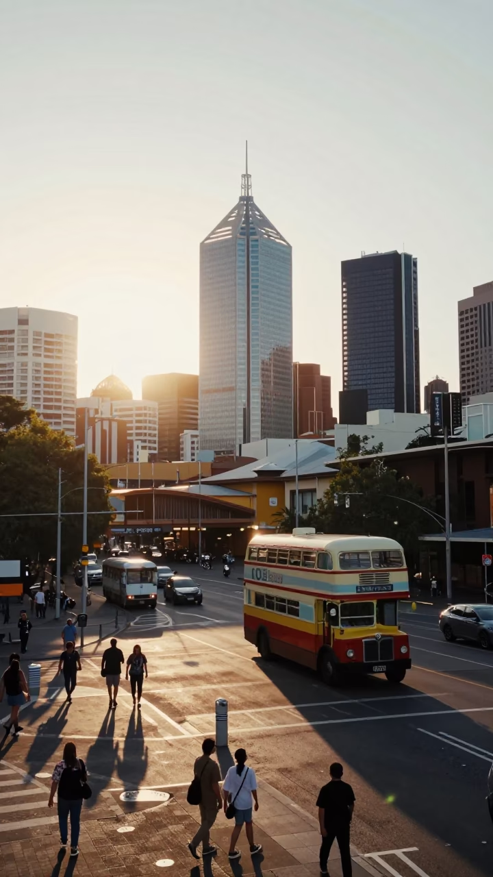 Busy Perth Western Australia Street Scene Just After Sunrise with Commuters and Vintage Elements in in Perth, Western Australia, Australia