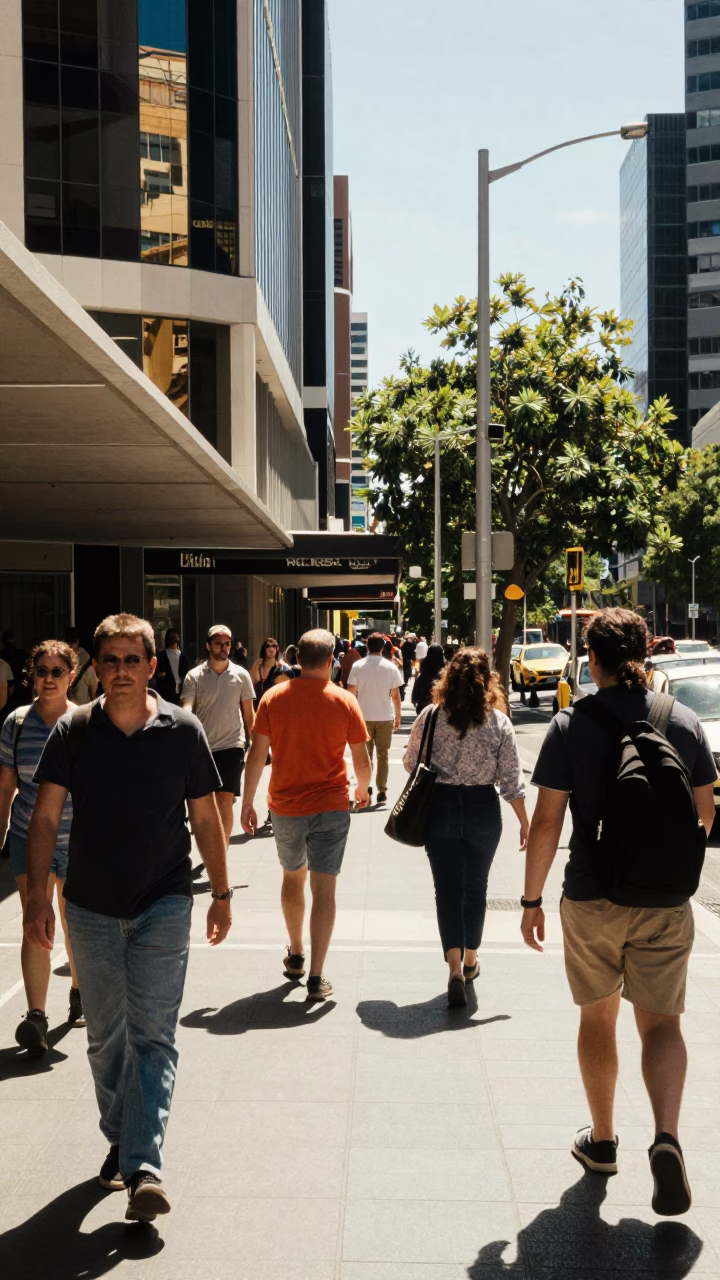 Busy Perth Western Australia street scene midday with pedestrians and city architecture in in Perth, Western Australia, Australia