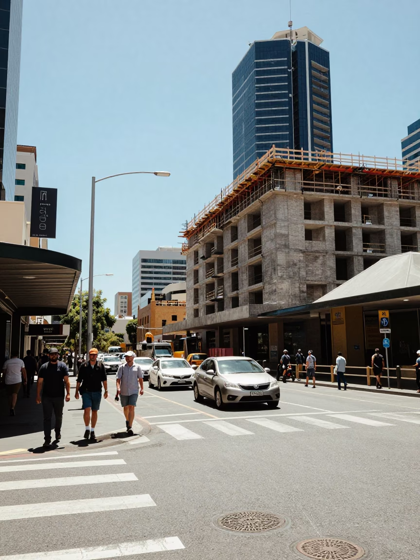 Busy Perth Western Australia Street Scene Under Flat Noon Glare with Construction Elevator Gate in in Perth, Western Australia, Australia