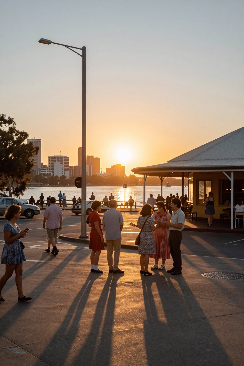 Busy Perth Western Australia Sunset Street Scene with Vintage 1960s Elements in in Perth, Western Australia, Australia
