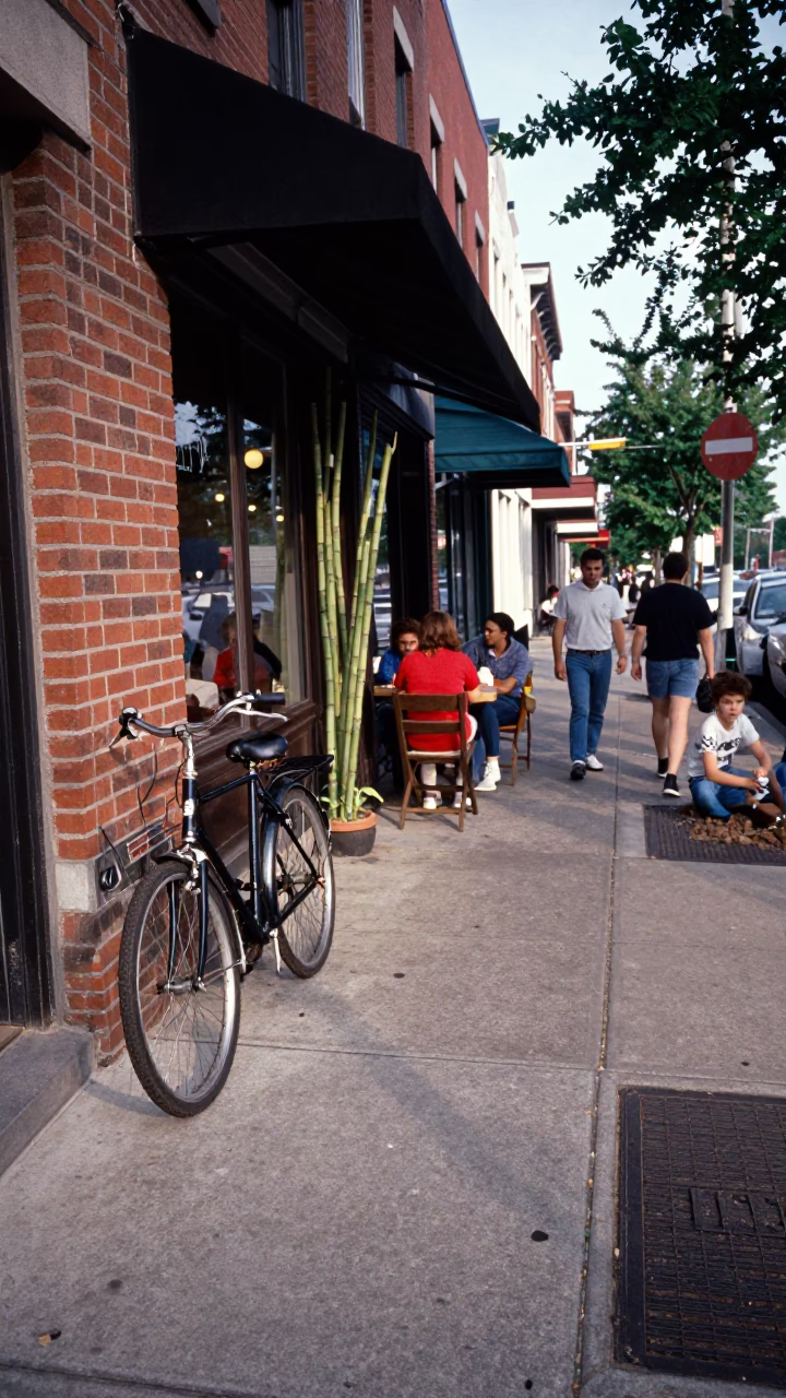 Busy Philadelphia Cafe Sidewalk Scene with Bicycle and Sugarcane Juice in in Philadelphia, Pennsylvania, United States