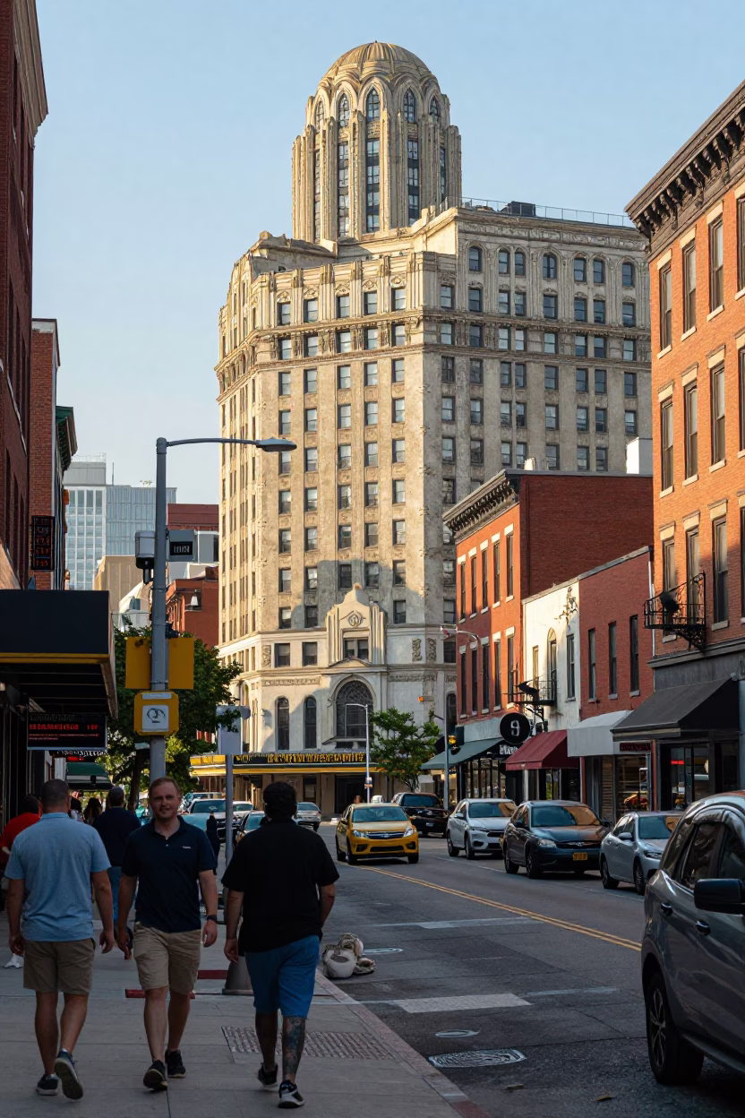 Busy Philadelphia Late Morning Street Scene with Art Deco Hotel Facade and Sunlight in in Philadelphia, Pennsylvania, United States