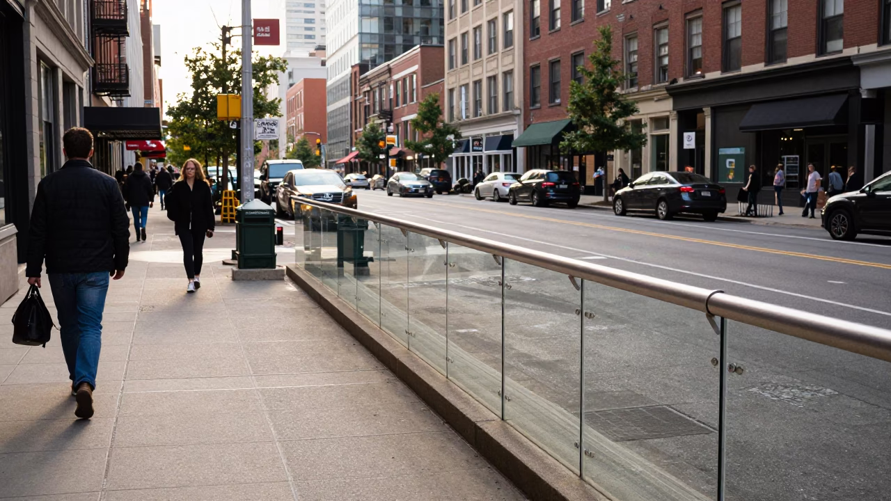 Busy Philadelphia Late Morning Street Scene with Glass Rail and Urban Activity in in Philadelphia, Pennsylvania, United States
