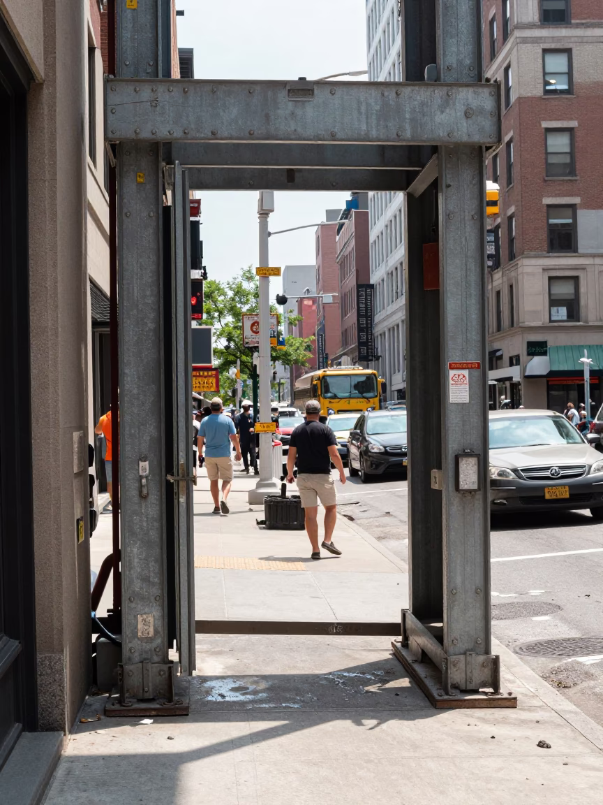 Busy Philadelphia Midday Street Scene with Construction Elevator Gate and Rebar Bundles in Pennsylvania in in Philadelphia, Pennsylvania, United States