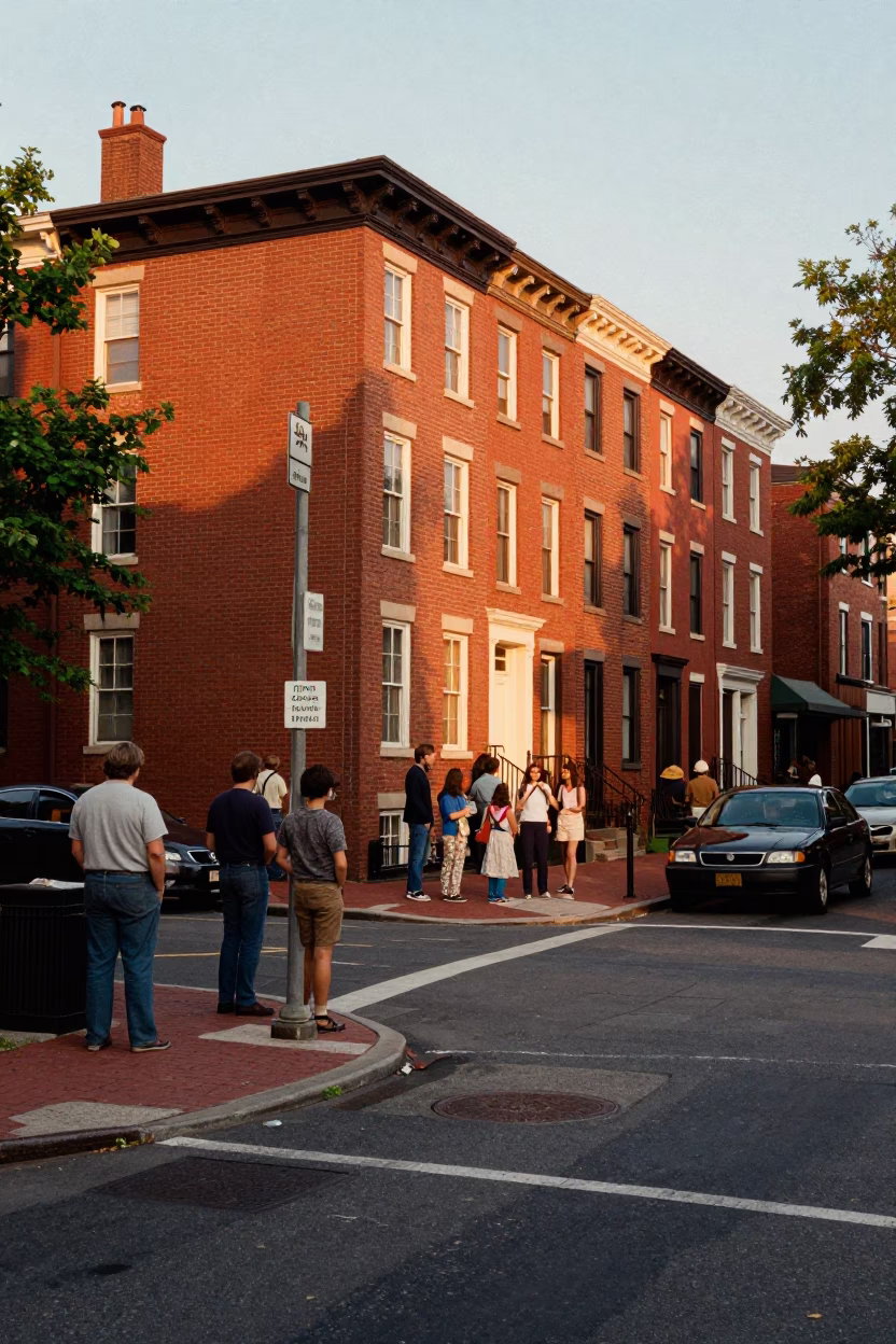 Busy Philadelphia Pennsylvania street corner honeyed evening light with brick buildings and pedestrians in in Philadelphia, Pennsylvania, United States
