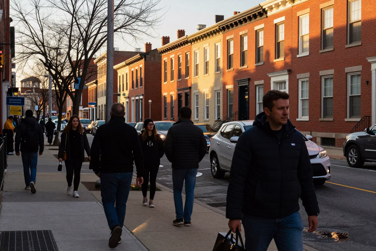 Busy Philadelphia Pennsylvania Street Scene at Golden Hour Before Sunset with Urban Activity in in Philadelphia, Pennsylvania, United States