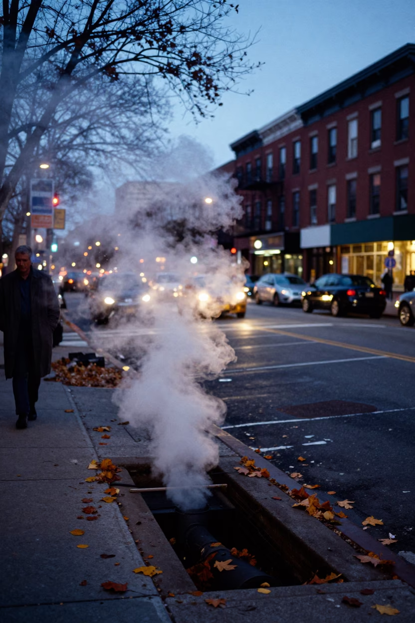 Busy Philadelphia Street Corner at Blue Hour with Steam and Urban Life in in Philadelphia, Pennsylvania, United States