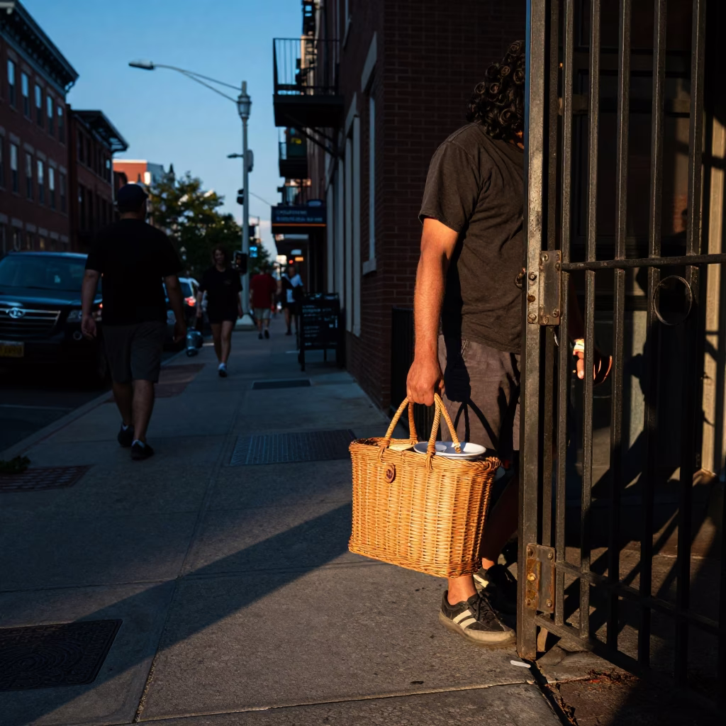 Busy Philadelphia Street Corner at Blue Hour with Wicker Bag and Dish Towel in in Philadelphia, Pennsylvania, United States