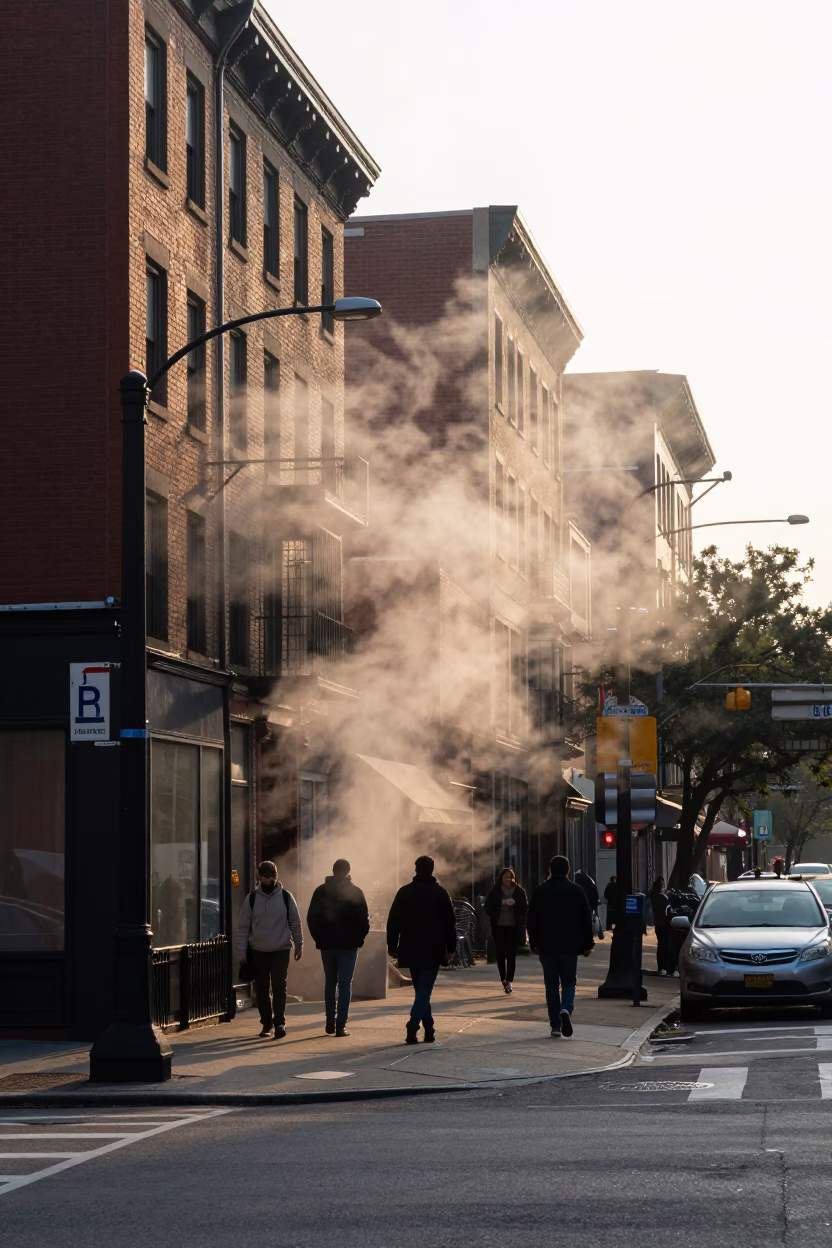 Busy Philadelphia Street Corner at Dawn with Steam Haze and Urban Details in in Philadelphia, Pennsylvania, United States