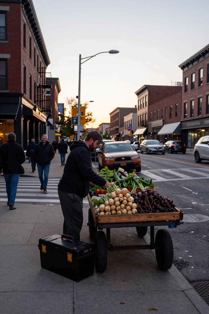 Busy Philadelphia Street Corner at Dawn with Toolbox and Turnips in in Philadelphia, Pennsylvania, United States