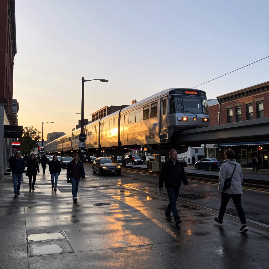 Busy Philadelphia Street Corner at Nautical Dawn with Monorail and City Life in in Philadelphia, Pennsylvania, United States
