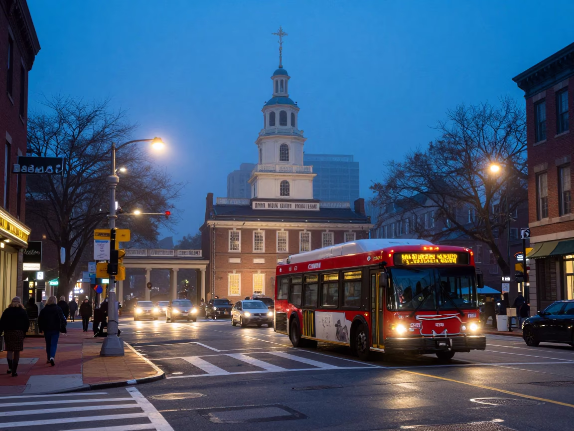 Busy Philadelphia Street Corner at Nautical Dawn with Urban Details and Commuters in in Philadelphia, Pennsylvania, United States