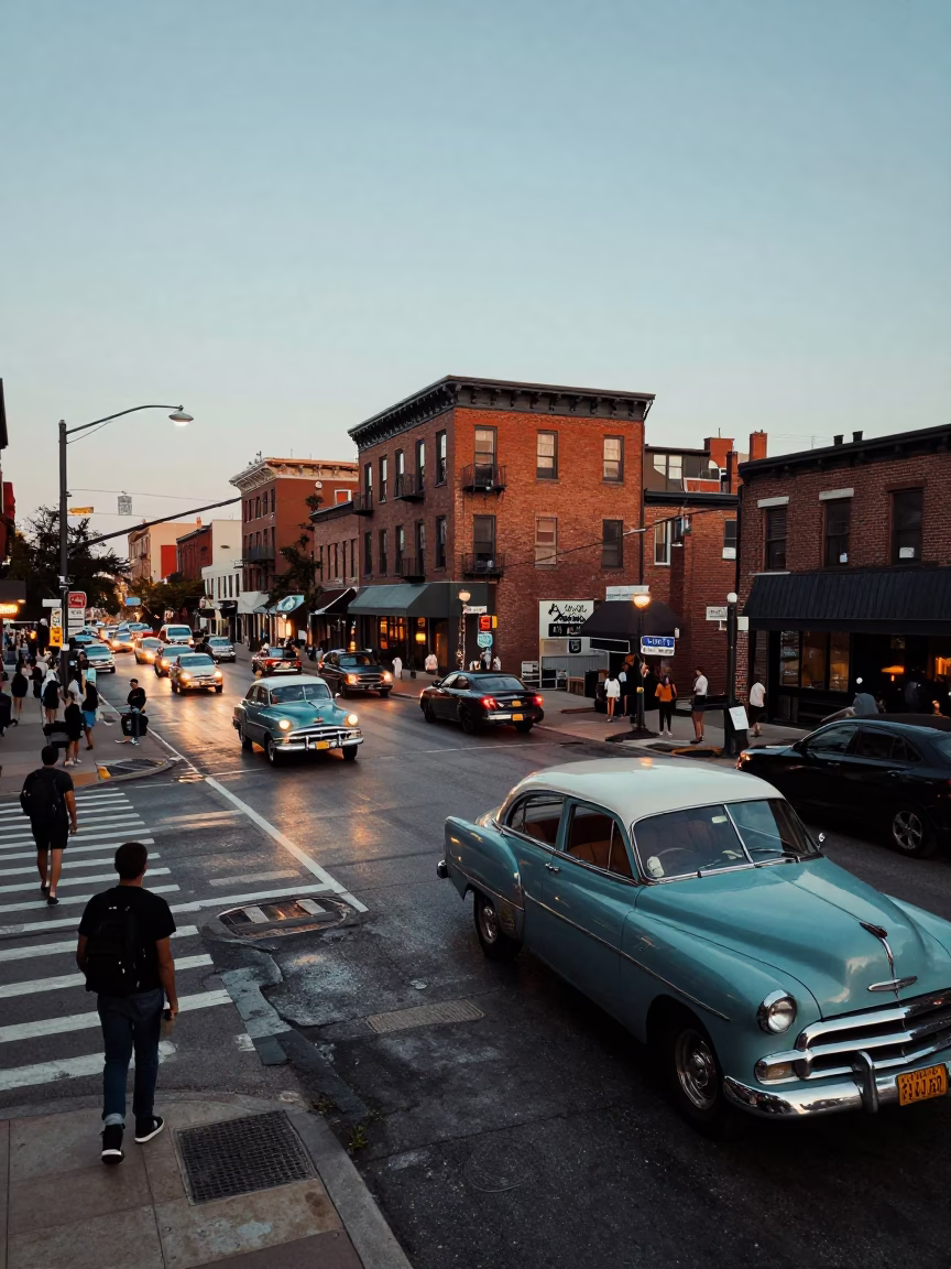 Busy Philadelphia Street Corner at Nautical Dawn with Vintage 1950s Automobiles and City Life in in Philadelphia, Pennsylvania, United States