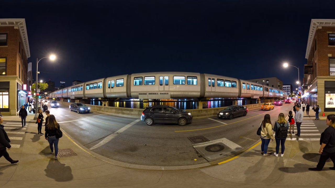 Busy Philadelphia Street Corner at Night with Monorail and City Lights in in Philadelphia, Pennsylvania, United States