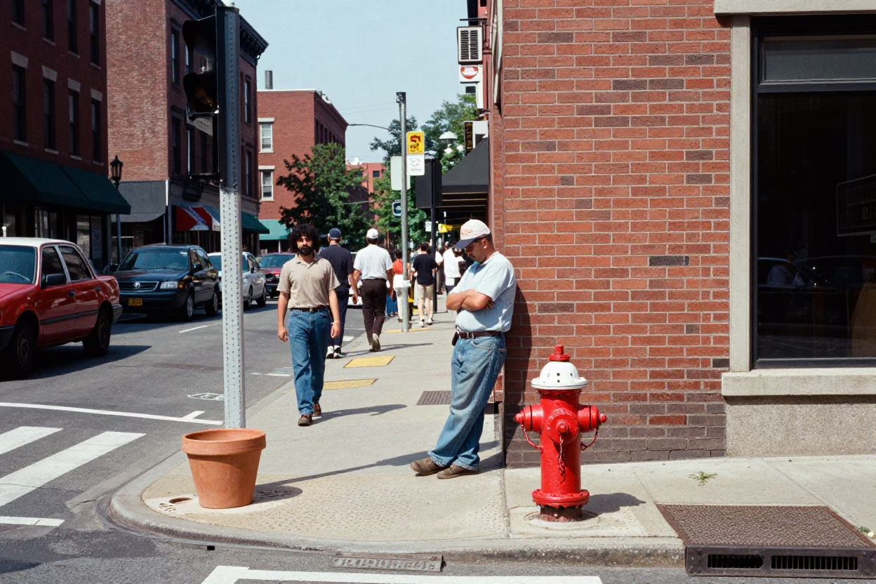 Busy Philadelphia Street Corner at Noon with Terracotta Pot and Broom in in Philadelphia, Pennsylvania, United States