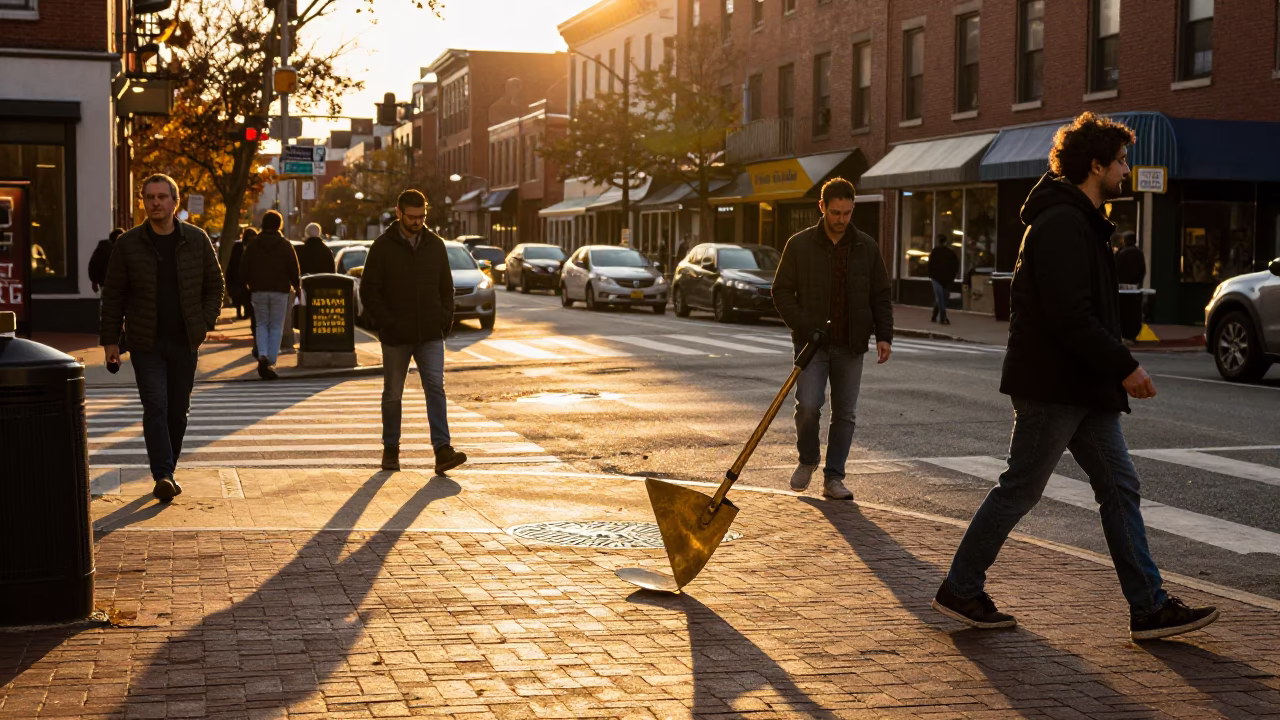 Busy Philadelphia Street Corner at Sunset with Boot Scraper and Urban Details in in Philadelphia, Pennsylvania, United States