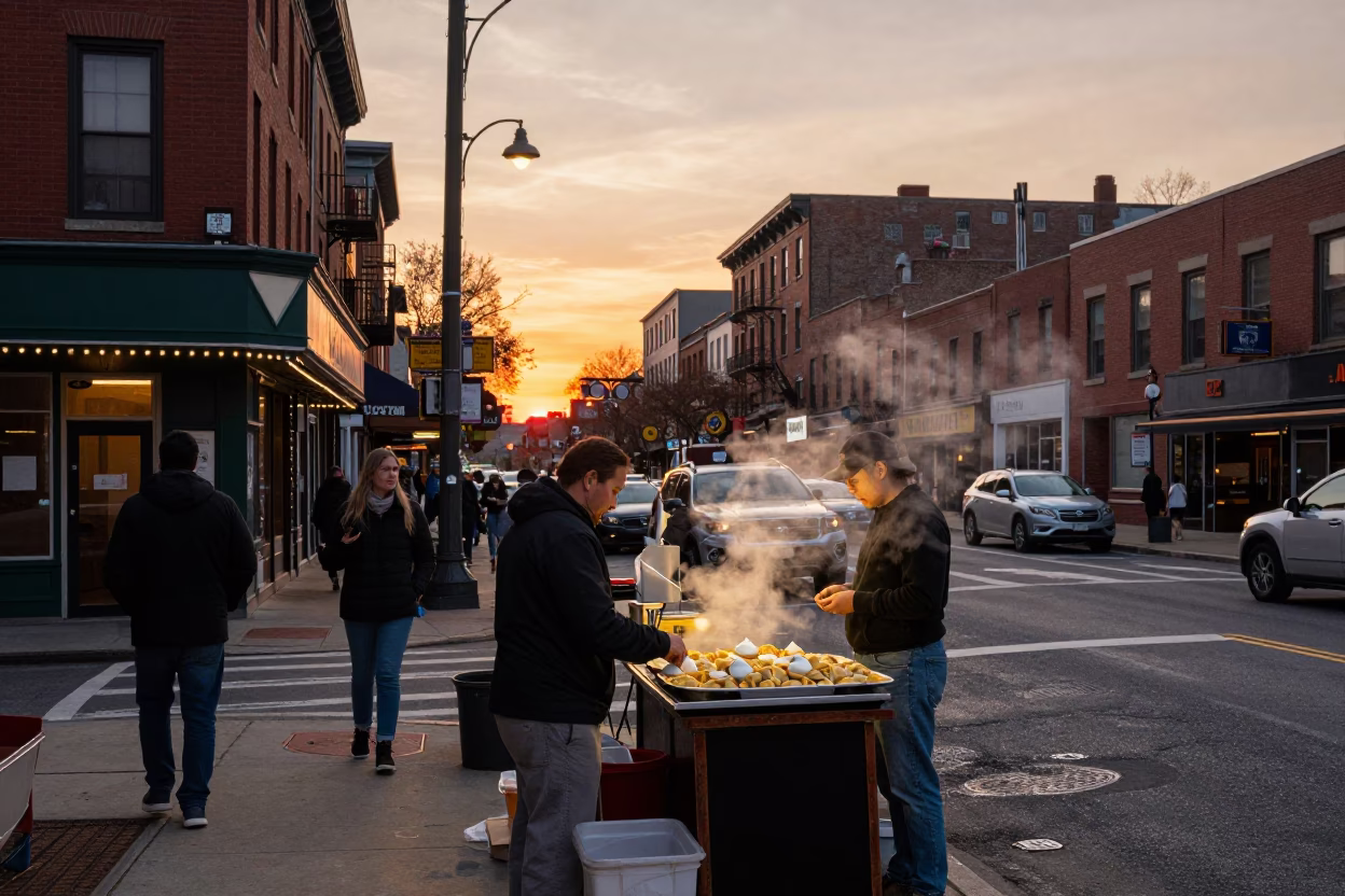 Busy Philadelphia Street Corner at Sunset with Local Food Vendors and Pedestrians in in Philadelphia, Pennsylvania, United States