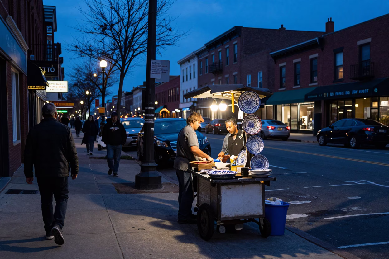 Busy Philadelphia Street Corner Dusk with Majolica Plates and Table Fan in in Philadelphia, Pennsylvania, United States