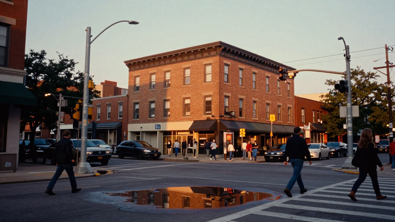 Busy Philadelphia Street Corner Evening Light with Substation Puddle Reflection in in Philadelphia, Pennsylvania, United States
