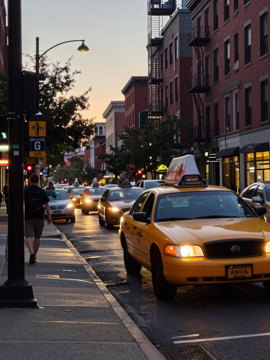 Busy Philadelphia Street Corner Evening Light with Vintage Taxi and Urban Pedestrians in in Philadelphia, Pennsylvania, United States