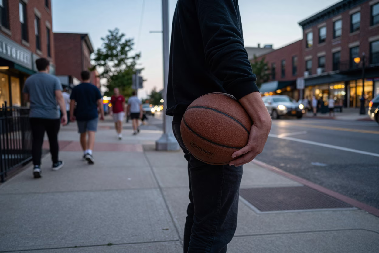 Busy Philadelphia Street Corner Evening Scene with Basketball and Urban Details in in Philadelphia, Pennsylvania, United States