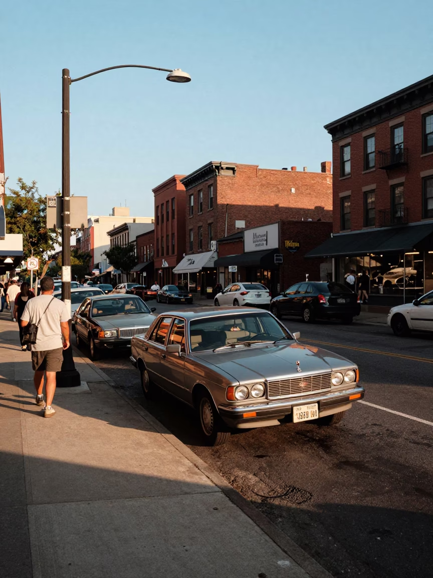 Busy Philadelphia Street Corner in Clear Late Afternoon Light with Local Details in in Philadelphia, Pennsylvania, United States